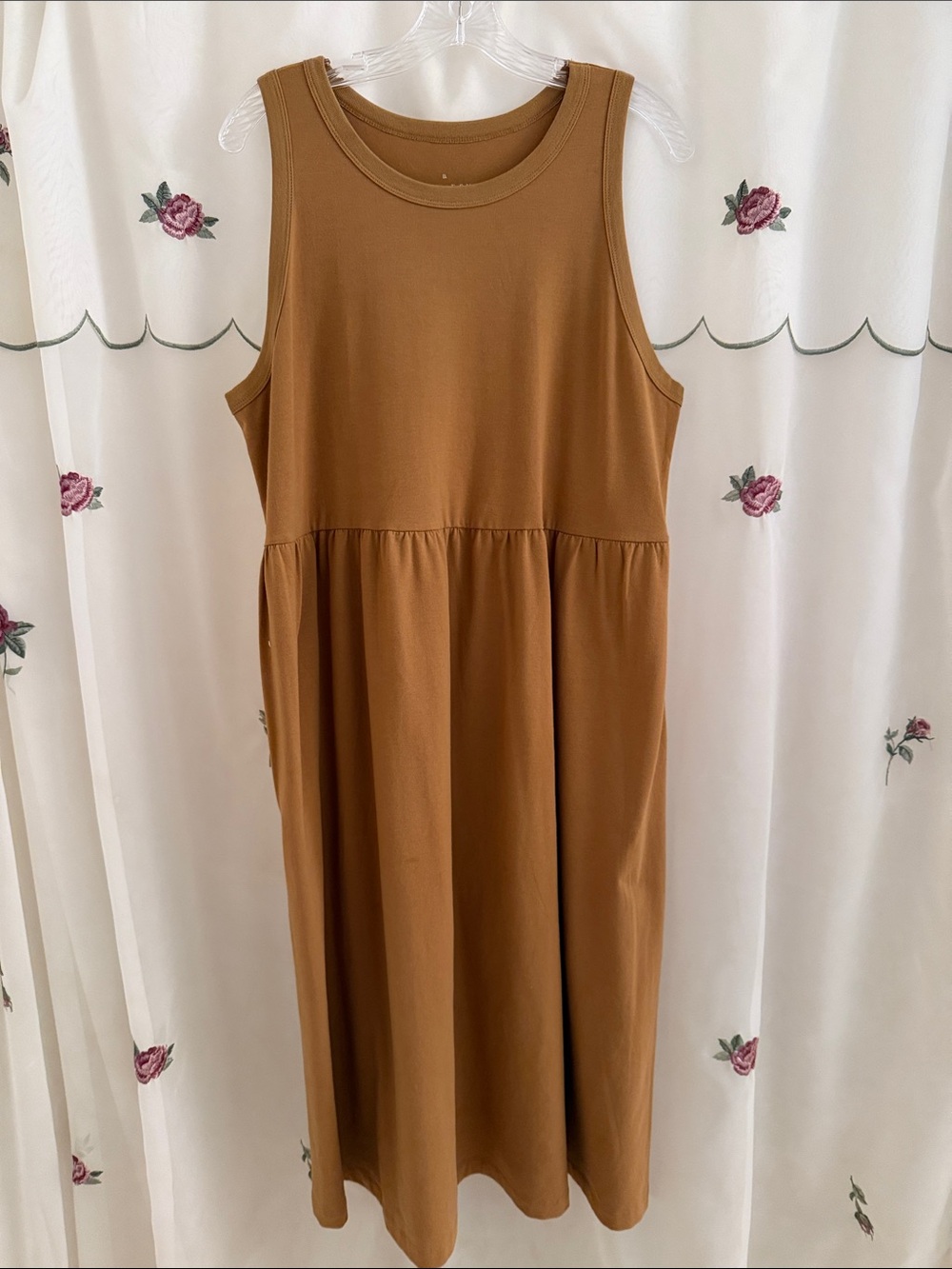 Midi Scooped Neck, Drop Waist, Heavy Knit Tee Shirt Dress in Versatile Tan Color